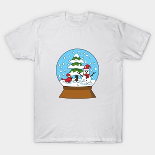 Snow Globe with Cardinal Snowman and Pine Tree T-Shirt